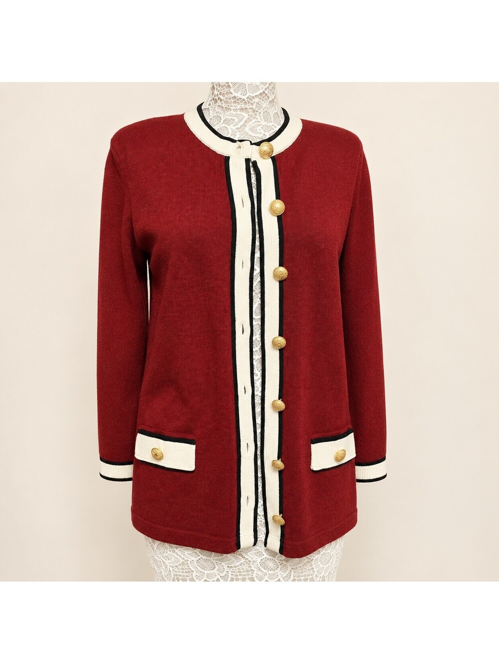 Ami Knits Red Cream Black Gold Button Long Cardigan Jacket Size 8